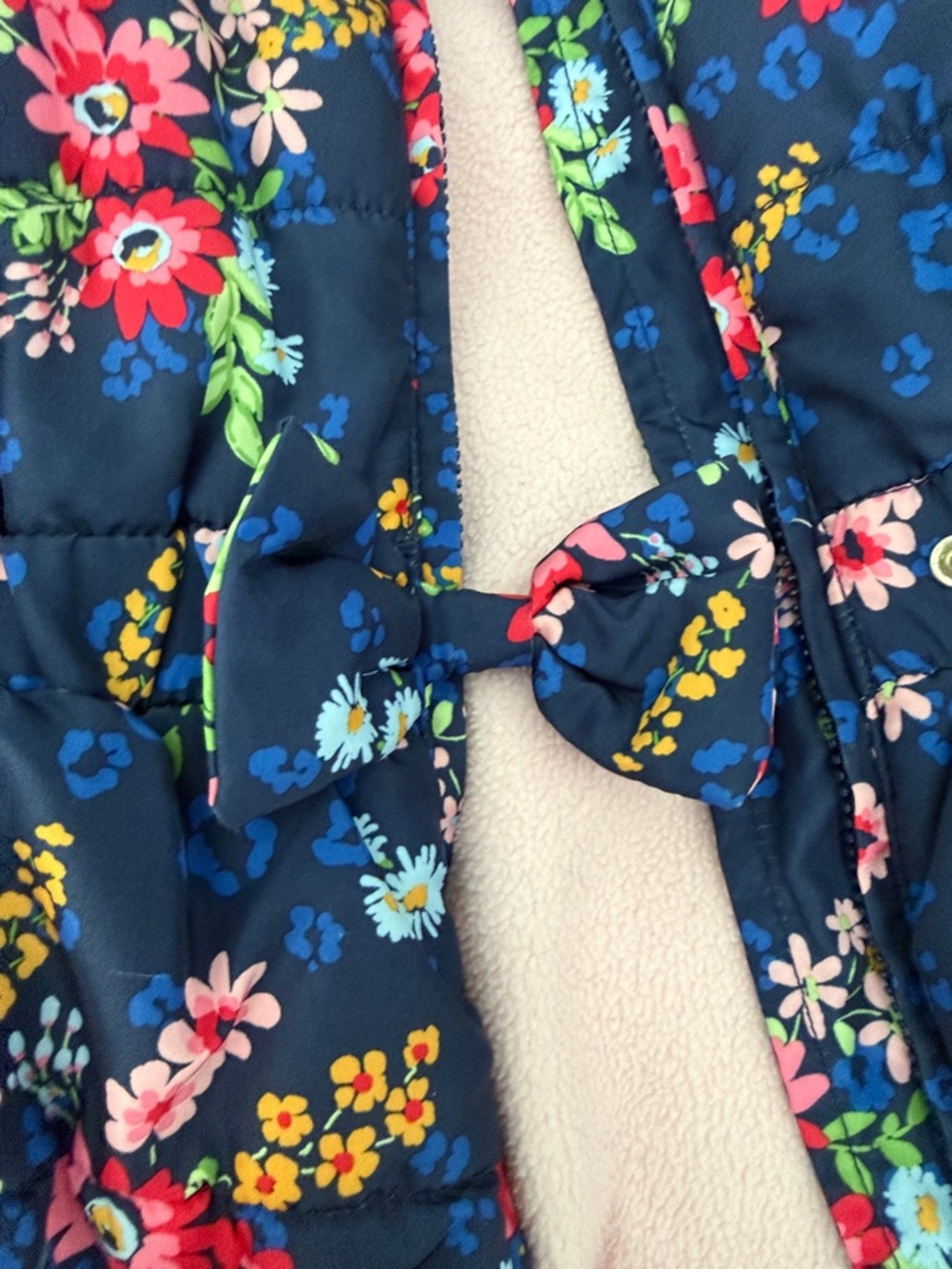 Little Me Navy Floral Hooded Puffer with Pink Lining and Bow - Picture 7 of 7